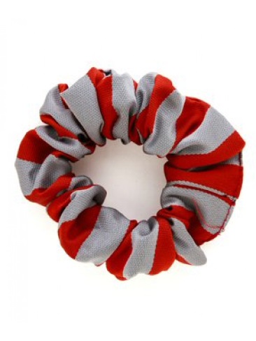 School or club scrunchie, broad stripe, 100% polyester, scarlet and silver