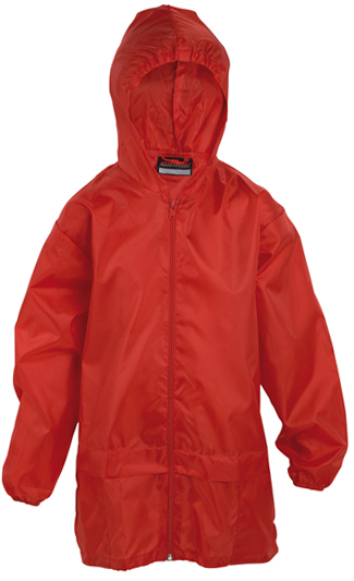 School cagoule showerproof jacket, full front zip, elasticated hood and cuffs