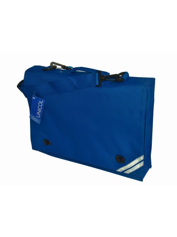 School book bag, messenger satchel style, webbed shoulder strap, reflector strip