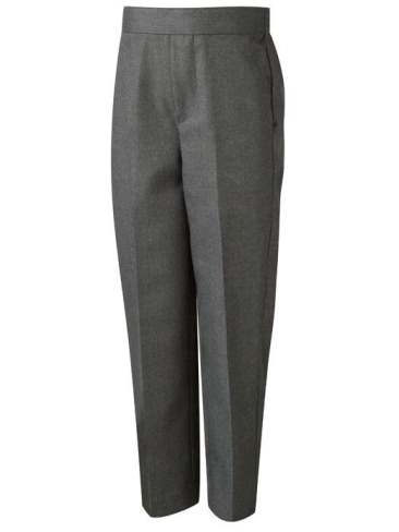 Boys school trousers flat front, pull up eco poly / viscose in grey