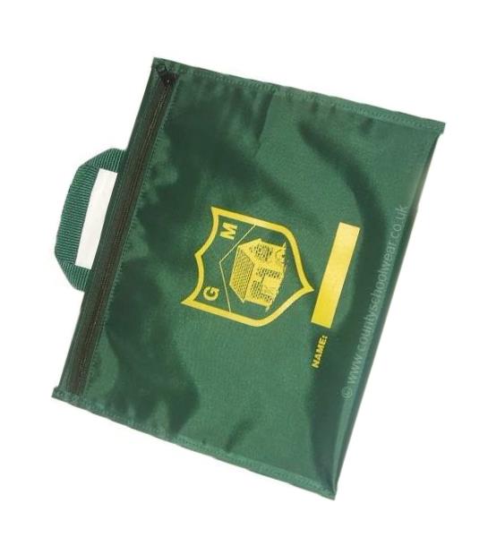 Gig Mill Primary School A4 Zipped Book Bag Bottle Green with Logo Print