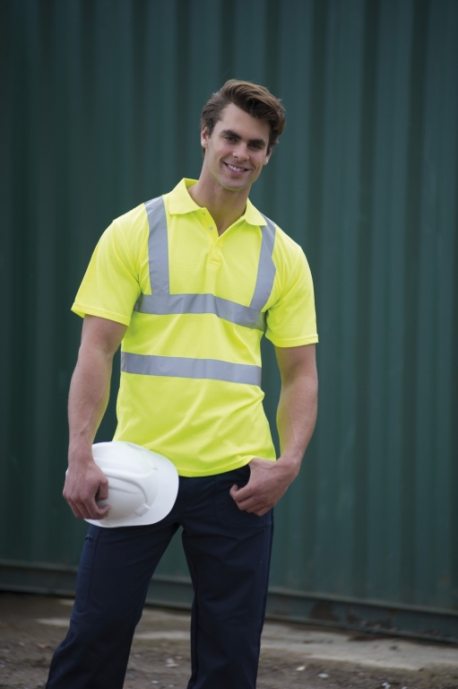Hi vis polo shirt, work safety wear, fluorescent orange or yellow, reflective