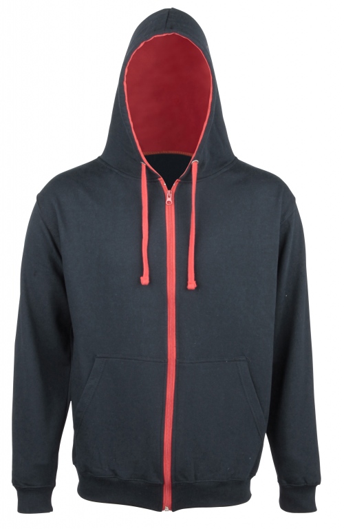 School or College Zipped Hoody Zoodie with Contrast Colour Hood and Drawcords
