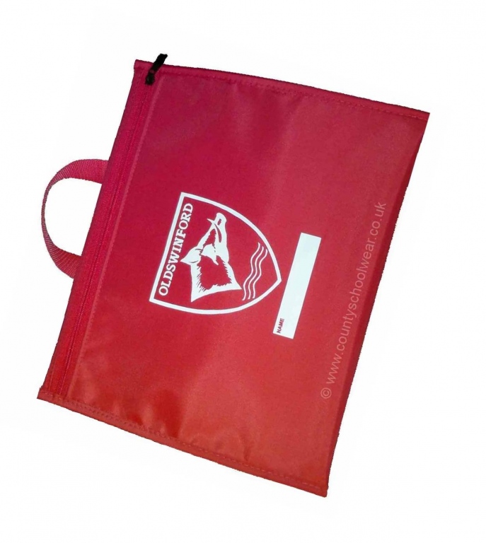 Oldswinford CofE Primary School A4 Zipped Book Bag Red with Logo Print
