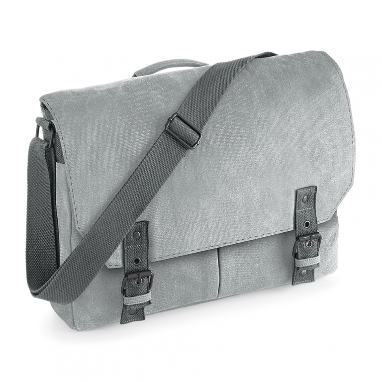 School or college vintage canvas satchel style bag, pockets, shoulder strap