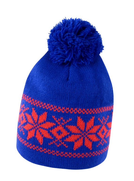 School knitted Fair Isles hat, traditional pattern, ear protection, pompom