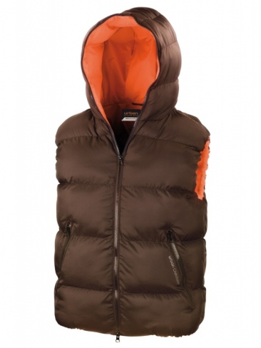 Down feel gilet bodywarmer, water repellant, windproof and insulating with hood
