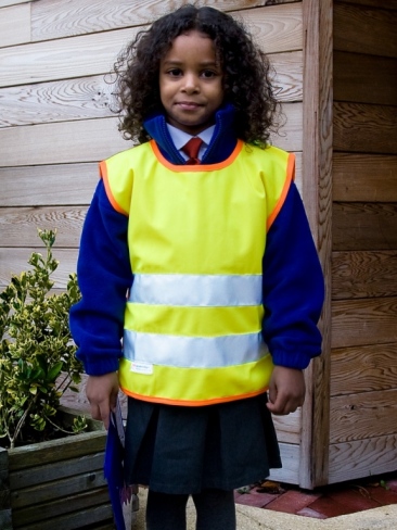 School wear hi vis tabard in fluorescent yellow with orange bound seams