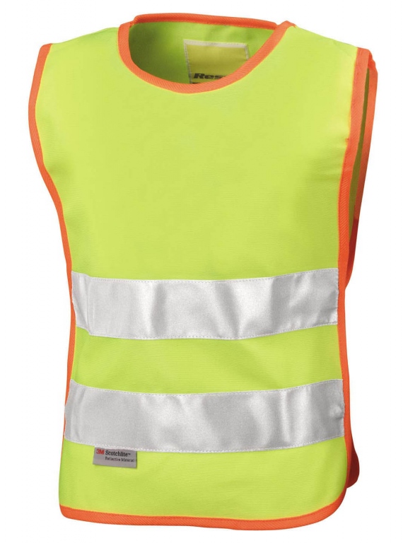 School wear hi vis tabard in fluorescent yellow with orange bound seams