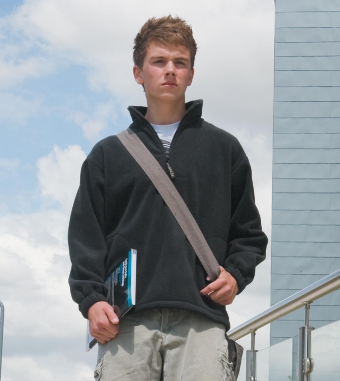 School or college fleece top with 1/4 front zip and 2 side pockets