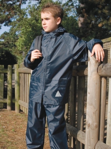 Eco school wear waterproofs include jacket and trouser with foldaway bag