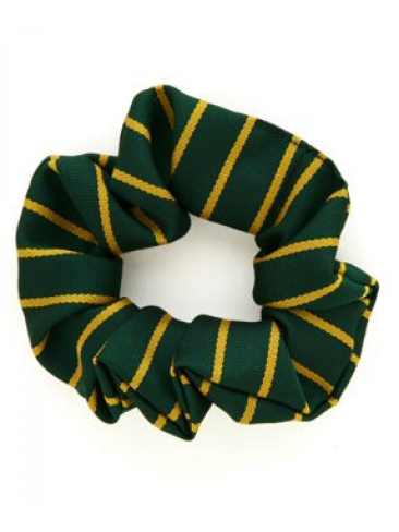 School or club scrunchie, thin stripe, 100% polyester, green / gold