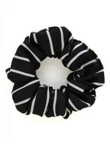 School or club scrunchie, thin stripe, 100% polyester, black and white