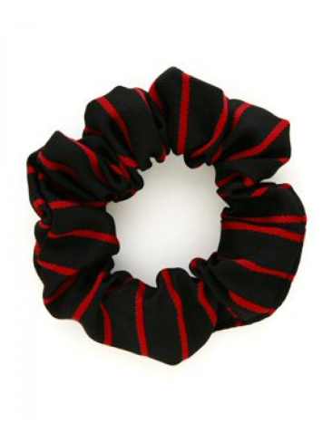 School or club scrunchie, thin stripe, 100% polyester, black and red