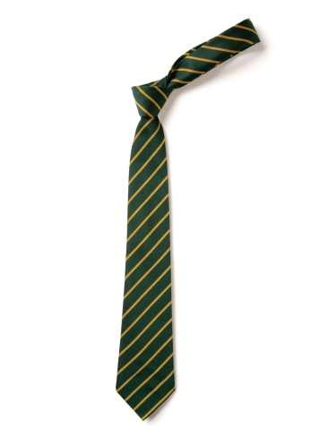 School or club tie, thin stripe, 100% polyester, green / gold