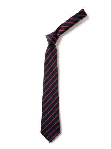 School or club tie, thin stripe, 100% polyester, navy blue / red