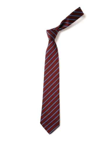 School or club tie, thin stripe, 100% polyester, maroon / saxe