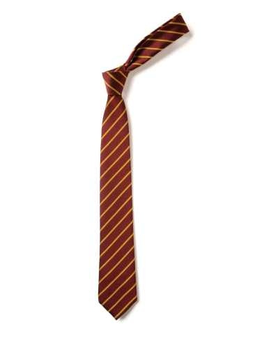 School or club tie, thin stripe, 100% polyester, maroon / gold