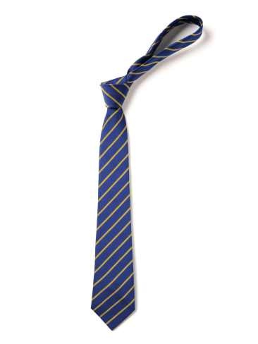 School or club tie, thin stripe, 100% polyester, royal blue / gold
