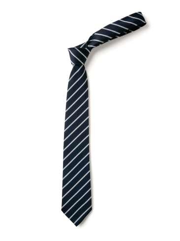 School or club tie, thin stripe, 100% polyester, navy blue / white