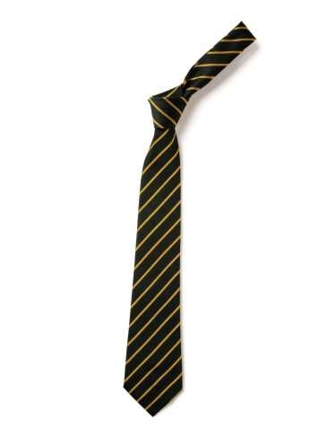 School or club tie, thin stripe, 100% polyester, navy blue / gold