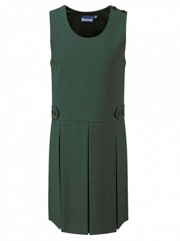 School pinafore, double box pleat, one shoulder fastening, fully lined bodice