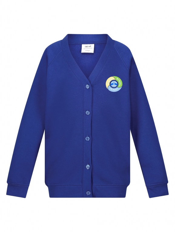 School uniform cardigan printed with Wollescote Primary School badge